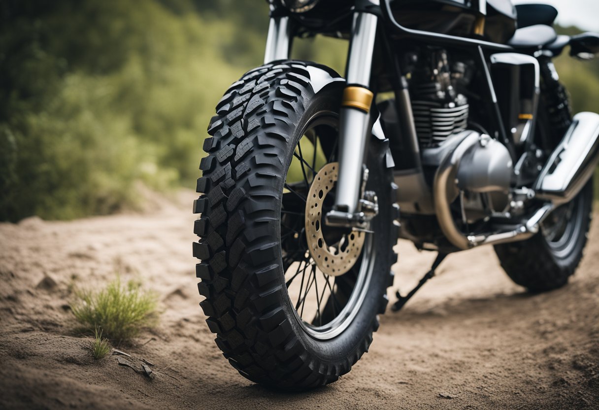 A motorcycle tire being gently maneuvered over rough terrain to wear down the tread and improve traction