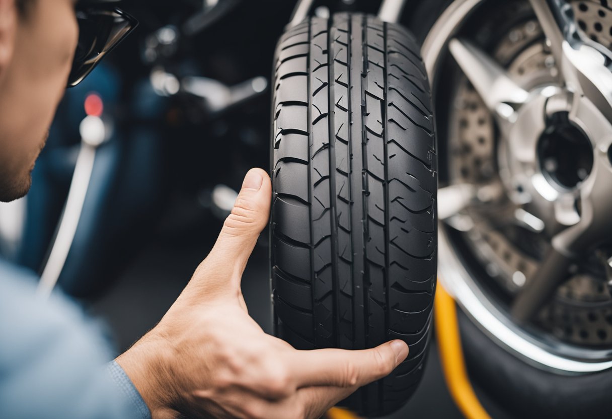 New motorcycle tires being inspected after a break-in. The tires show signs of wear and tear from the break-in process