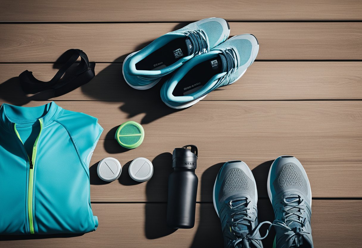 A pair of running shoes, a water bottle, and comfortable athletic clothing laid out on a clean, organized surface