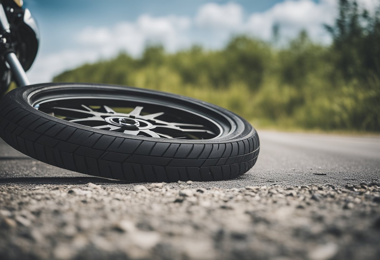 Newly broken-in motorcycle tires on a road, with tire tracks and a maintenance manual nearby