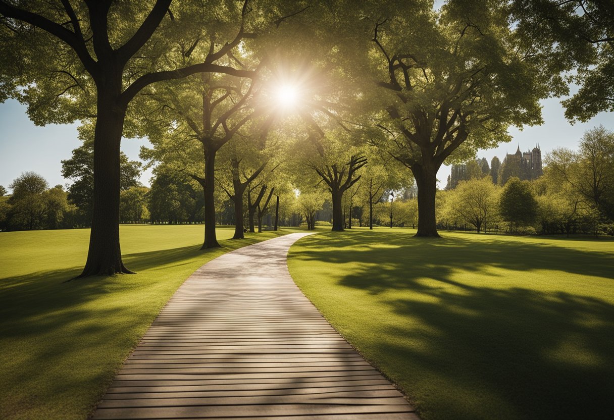 A path winds through a park, with trees and a clear sky. A beginner's running plan is laid out on a bench, with a water bottle and running shoes nearby