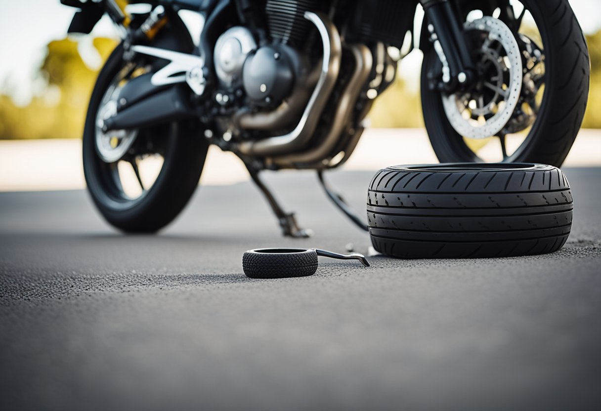 A motorcycle parked with new tires being broken in on a clean, empty road