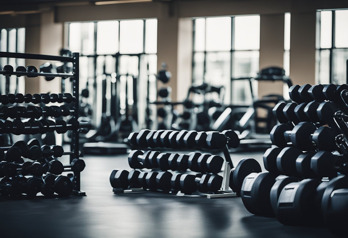 Athletic equipment neatly arranged in a gym, with weights stacked, exercise mats rolled out, and water bottles lined up