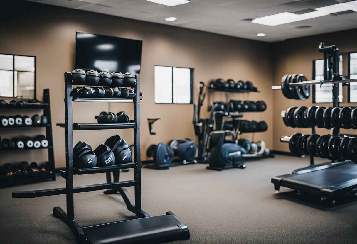 Athletic training equipment neatly organized in a spacious, well-lit room with motivational posters on the walls