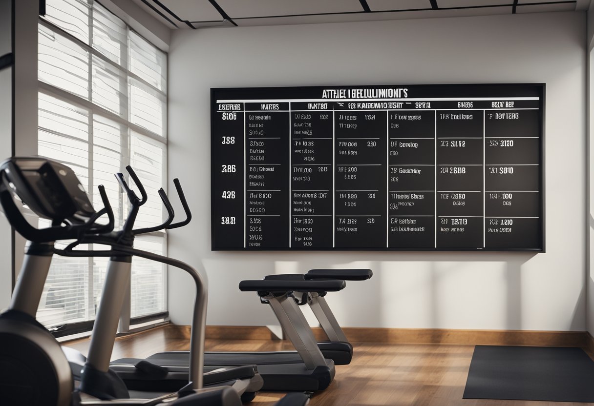 Athletic equipment neatly arranged in a well-lit gym, with a schedule board and progress charts on the wall