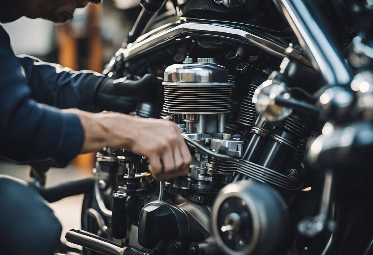 Mechanic adjusting carburetors on a motorcycle, using tools and gauges for precise tuning and syncing