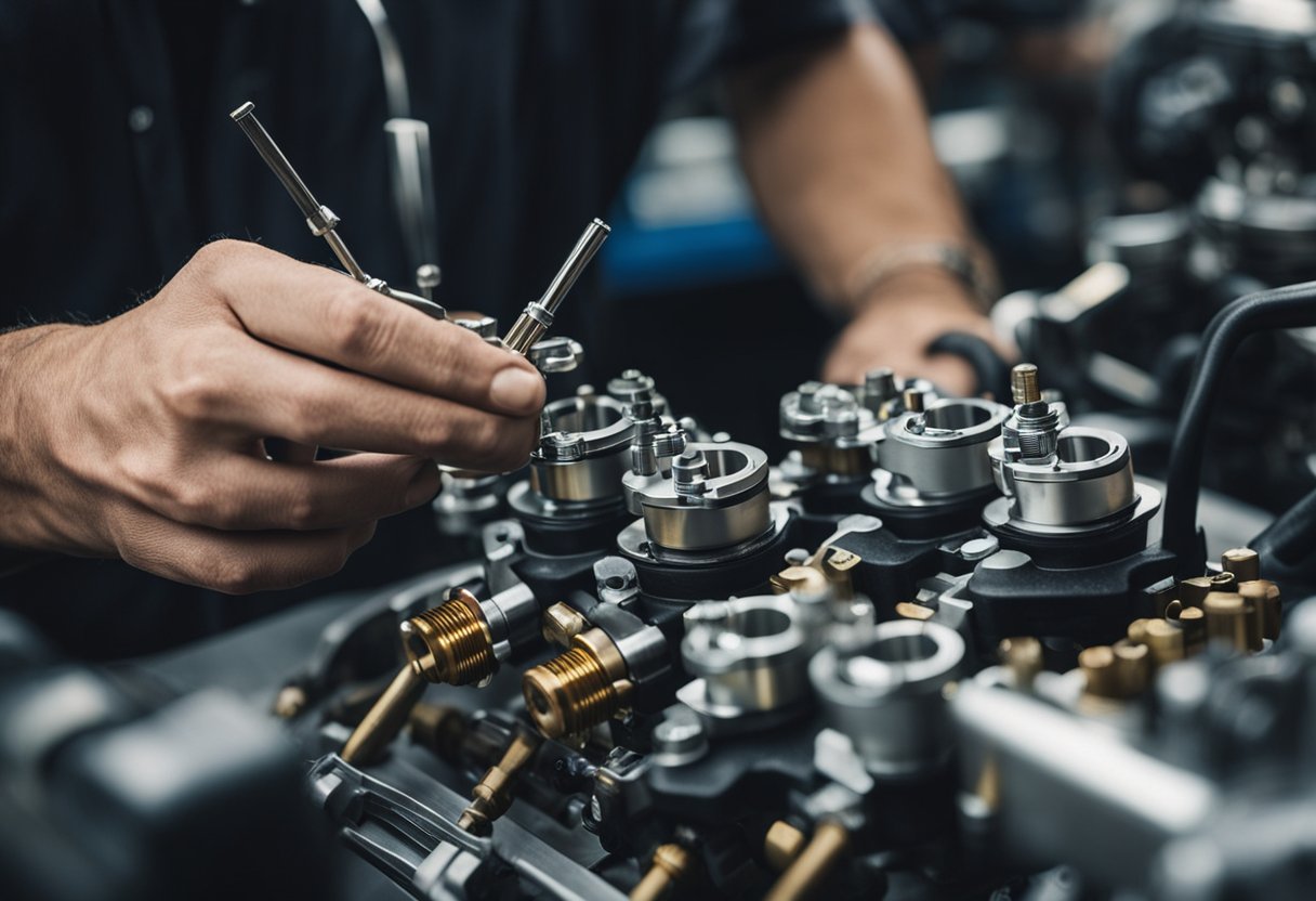 A motorcycle mechanic adjusts carburetors with precision tools