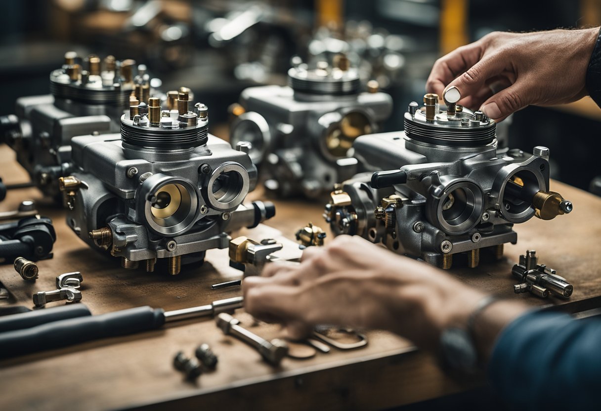 Motorcycle carburetors being adjusted and synced, tools and parts laid out on a workbench, with a manual or guide open for reference