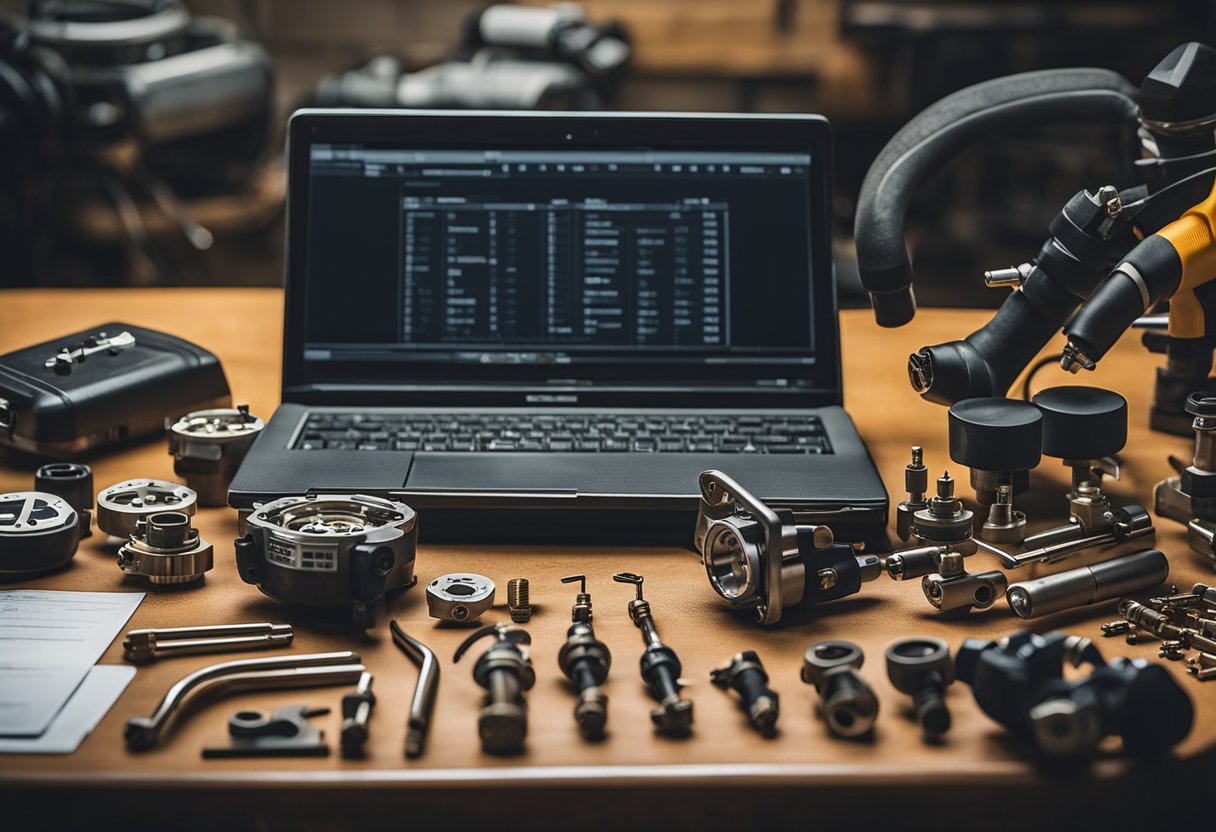 A workbench with motorcycle carburetors, screwdrivers, wrenches, and a vacuum gauge. A manual and laptop open to tuning software