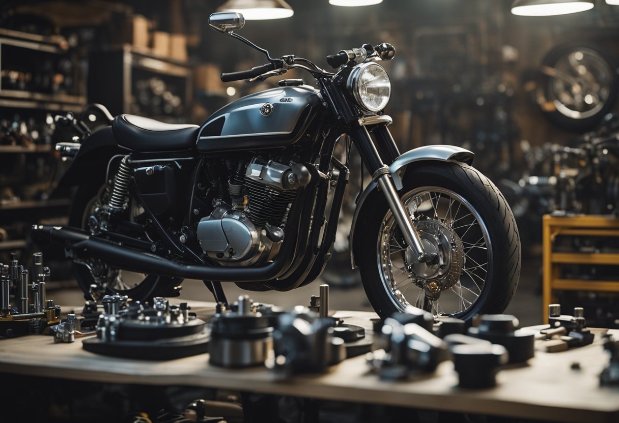 A motorcycle sits on a stand, with tools scattered around. A mechanic adjusts the carburetors, focusing on tuning and syncing