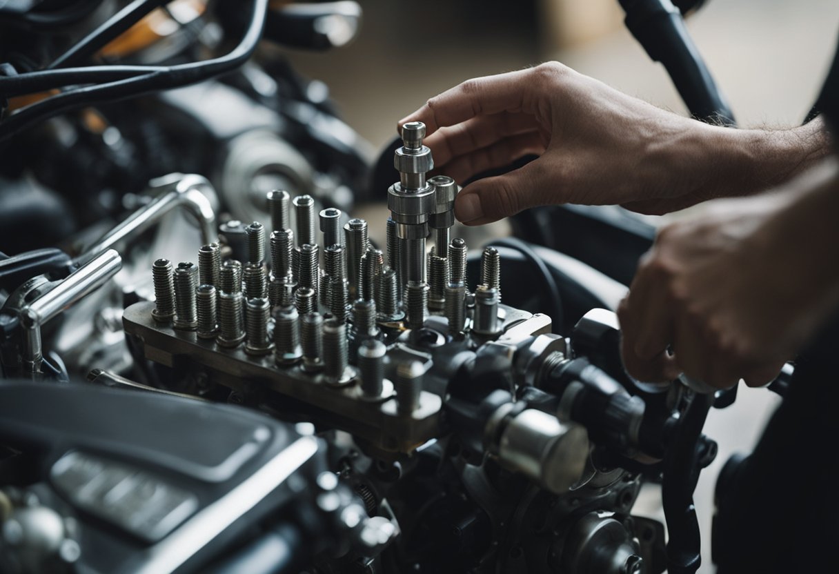 Mechanic adjusts carburetor screws, syncing motorcycle carbs. Tools scattered, bike on stand. Oil stains on floor