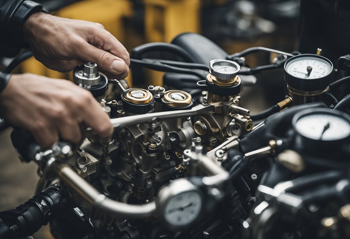 Mechanic adjusts motorcycle carburetors, using tools and gauges