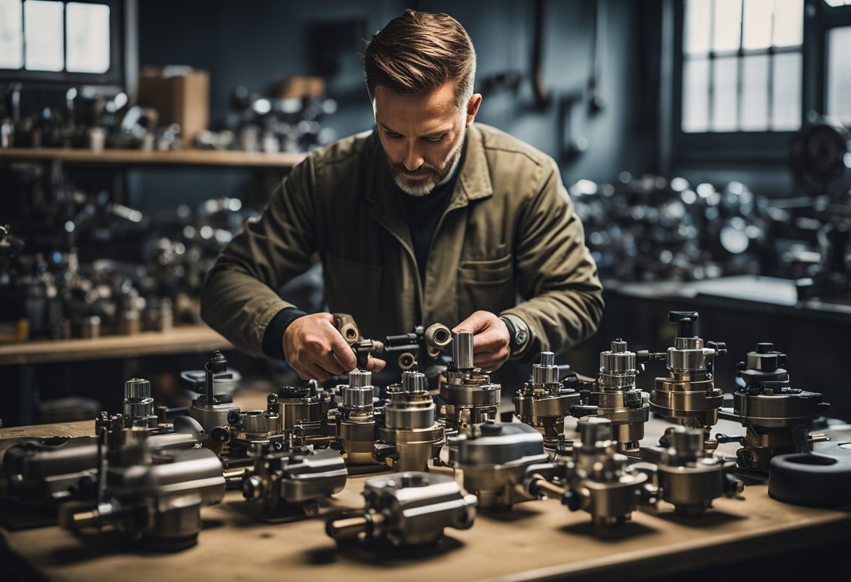 A motorcycle mechanic adjusts carburetors with precision tools in a well-lit workshop. Instructions and diagrams are displayed nearby for reference