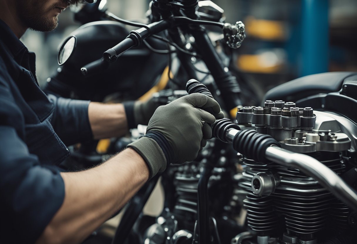 A mechanic is replacing worn-out clutch cables on a motorcycle, using tools to carefully remove the old cables and install new ones