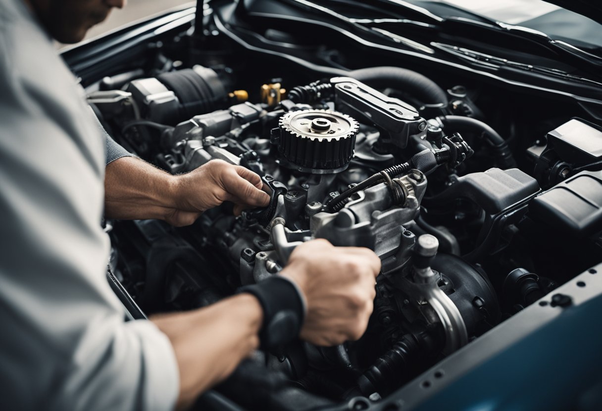 A mechanic installs a new clutch cable, replacing the worn-out one in a car's engine compartment