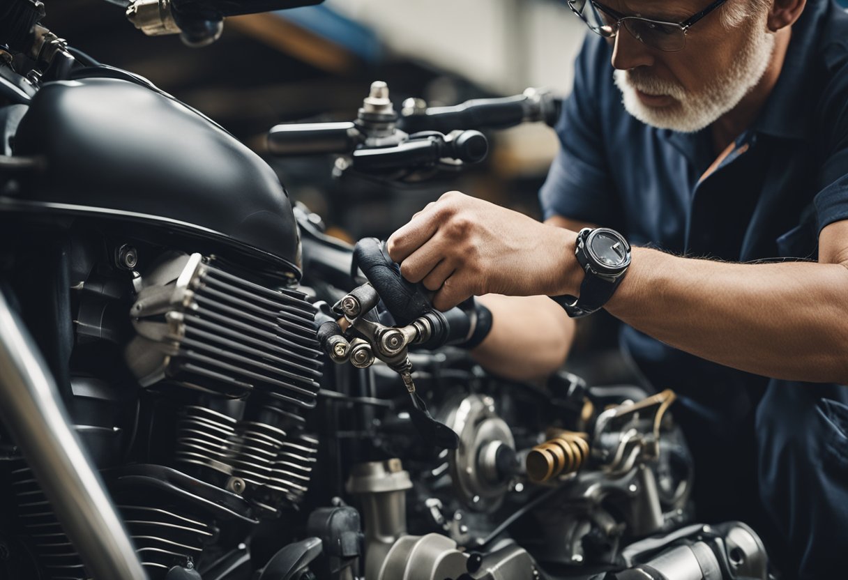 A mechanic inspects and replaces worn-out clutch cables on a motorcycle in a garage