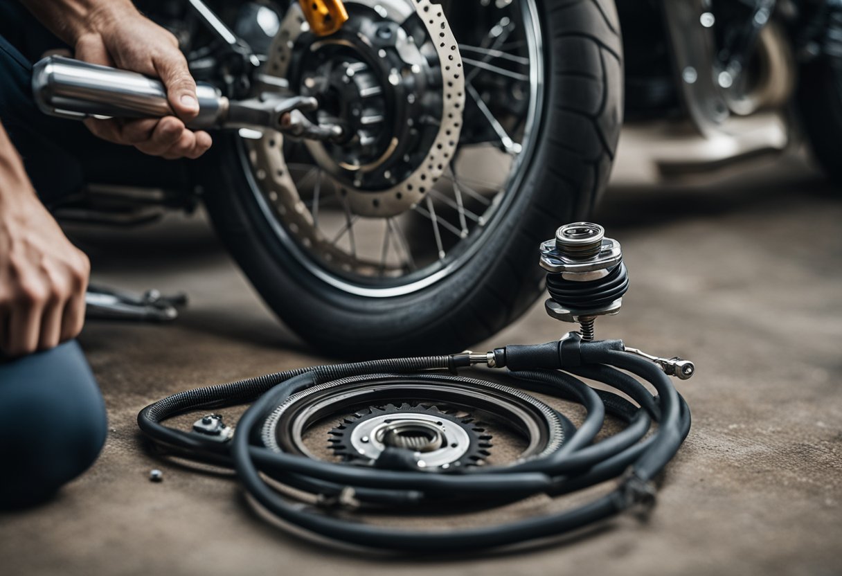 A mechanic pulling out a worn clutch cable from a motorcycle, with tools and replacement parts nearby