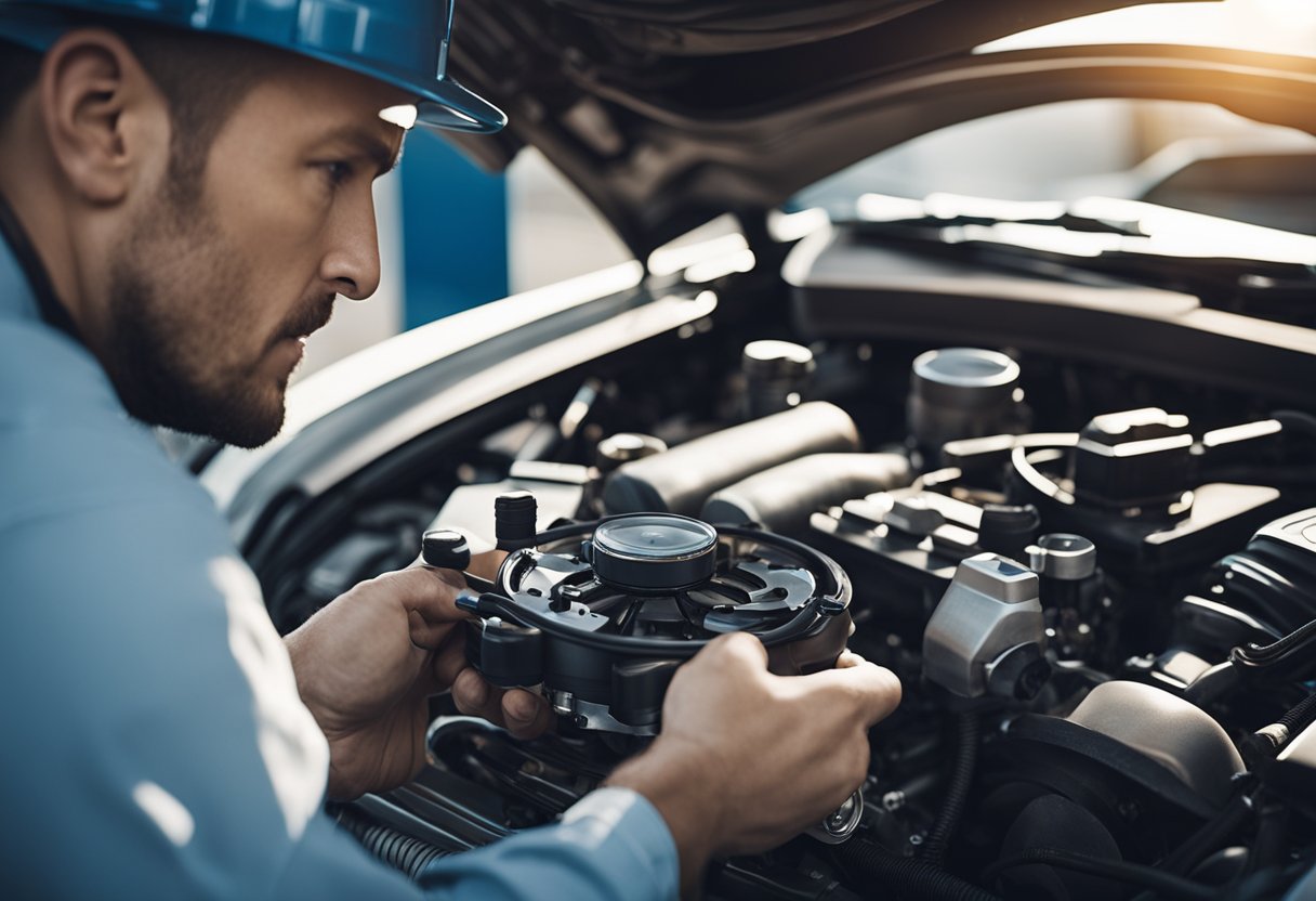 Mechanic diagnosing engine noise with a stethoscope