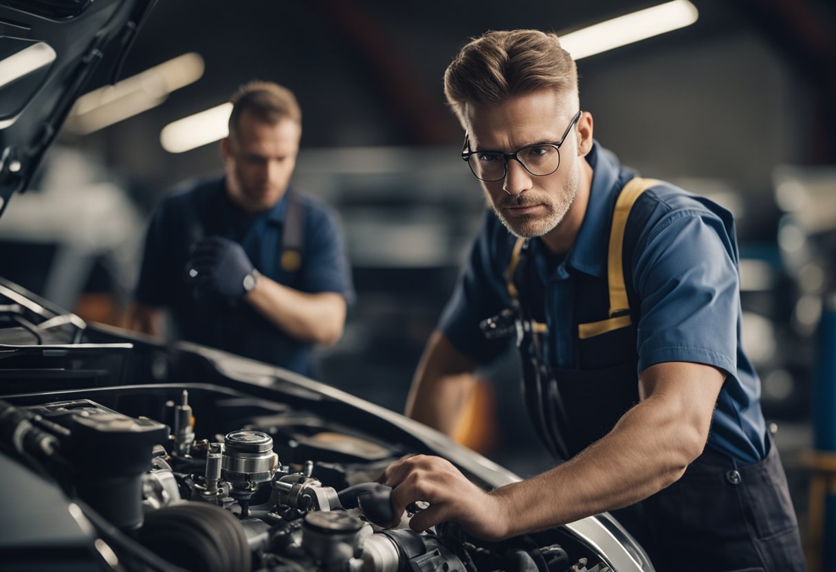 Mechanic listens closely to engine, diagnosing strange sounds. Tools and diagnostic equipment nearby