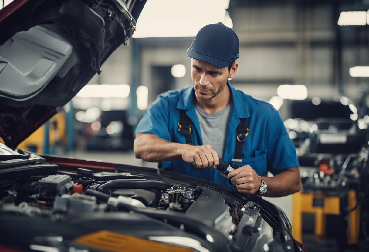 Mechanic diagnosing engine noise with tools and equipment