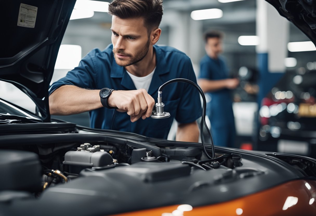 Mechanic using stethoscope on car engine, listening for unusual sounds. Diagnostic tools and equipment nearby