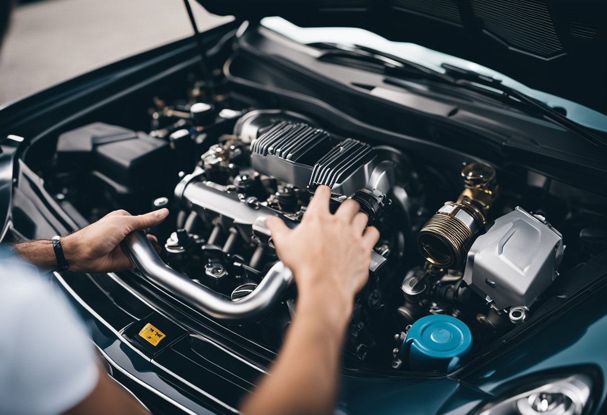 Engine parts visible, car hood open. Smoke or steam may be present. Person listening closely to engine, holding diagnostic tool