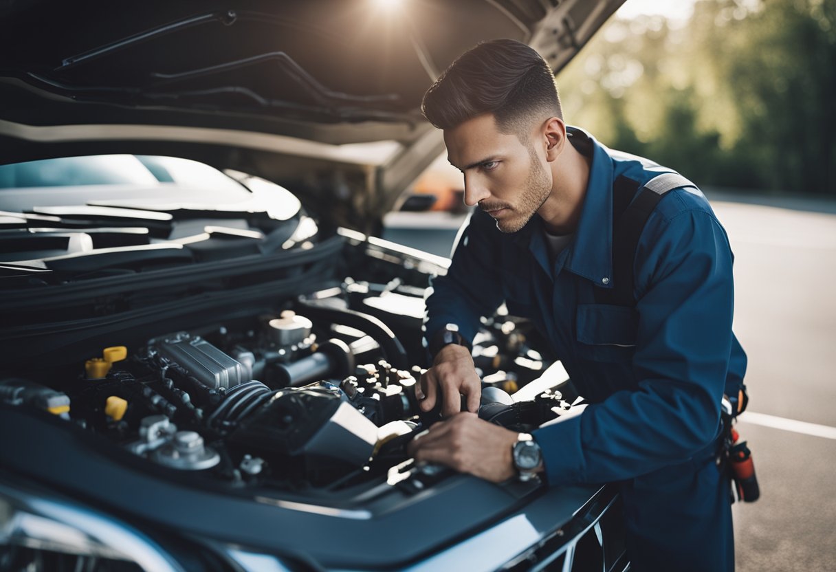 Mechanic investigates engine noise, tools scattered, diagnostic equipment connected, hood open, focused expression