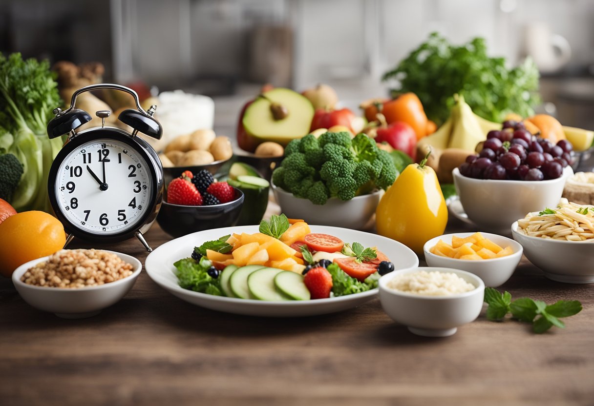 A table set with a variety of healthy, low-carb foods. A clock showing a fasting window. Text "Intermittent Fasting and Low Carb: Ignite your metabolism turbo" in the background