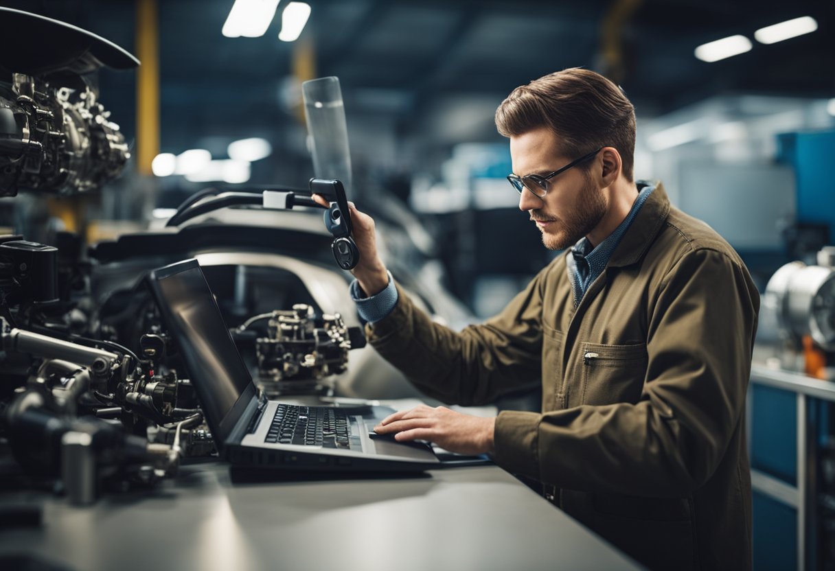 Mechanic analyzing diagnostic results for strange engine noise