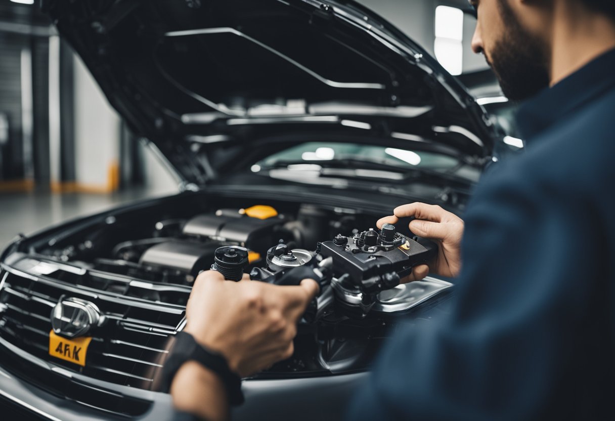 Mechanic using diagnostic tools on car engine