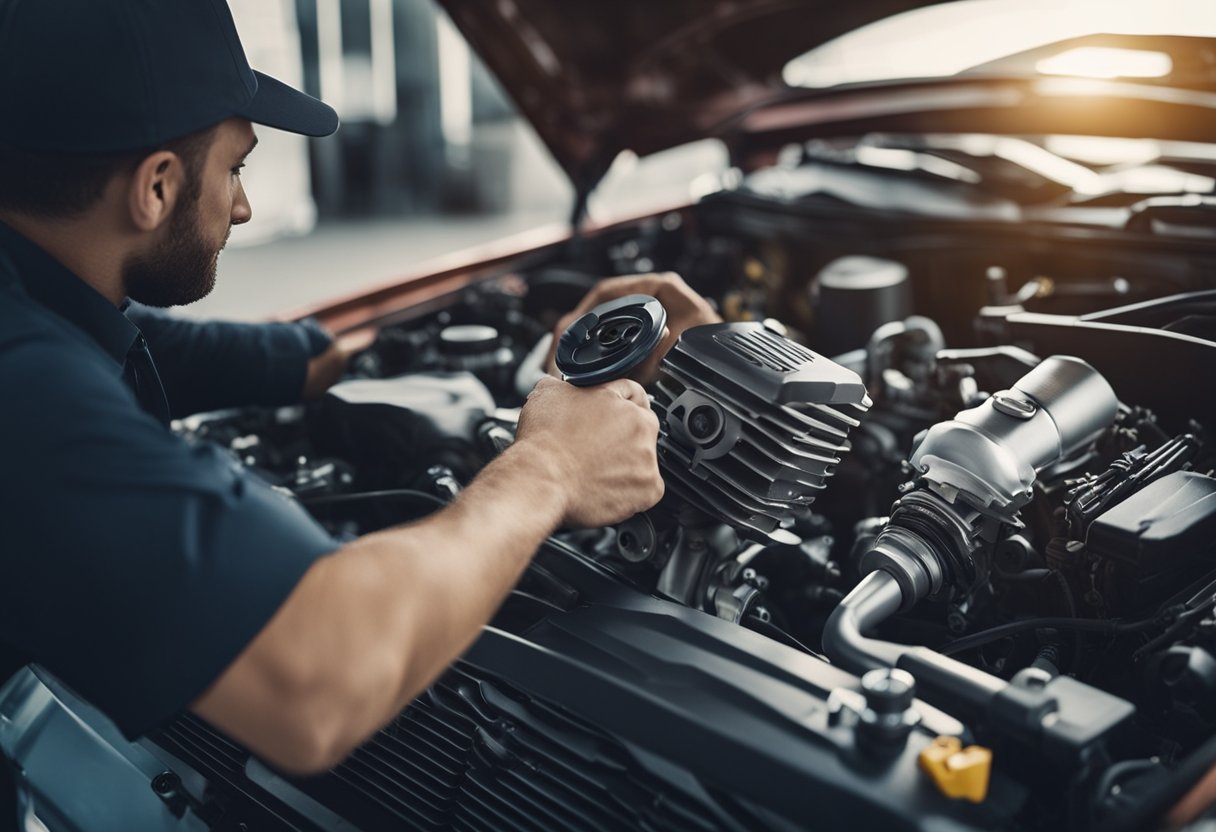 Mechanic inspecting engine, listening for strange noises, holding diagnostic tools. Tools and parts scattered nearby