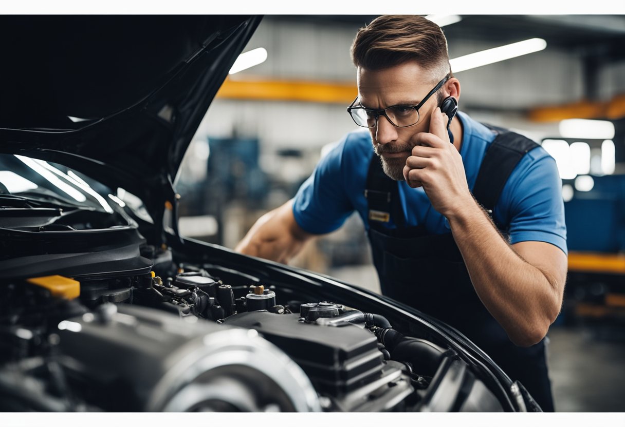 A mechanic listens closely to a car engine, furrowing their brow in concentration as they try to diagnose a strange and persistent noise