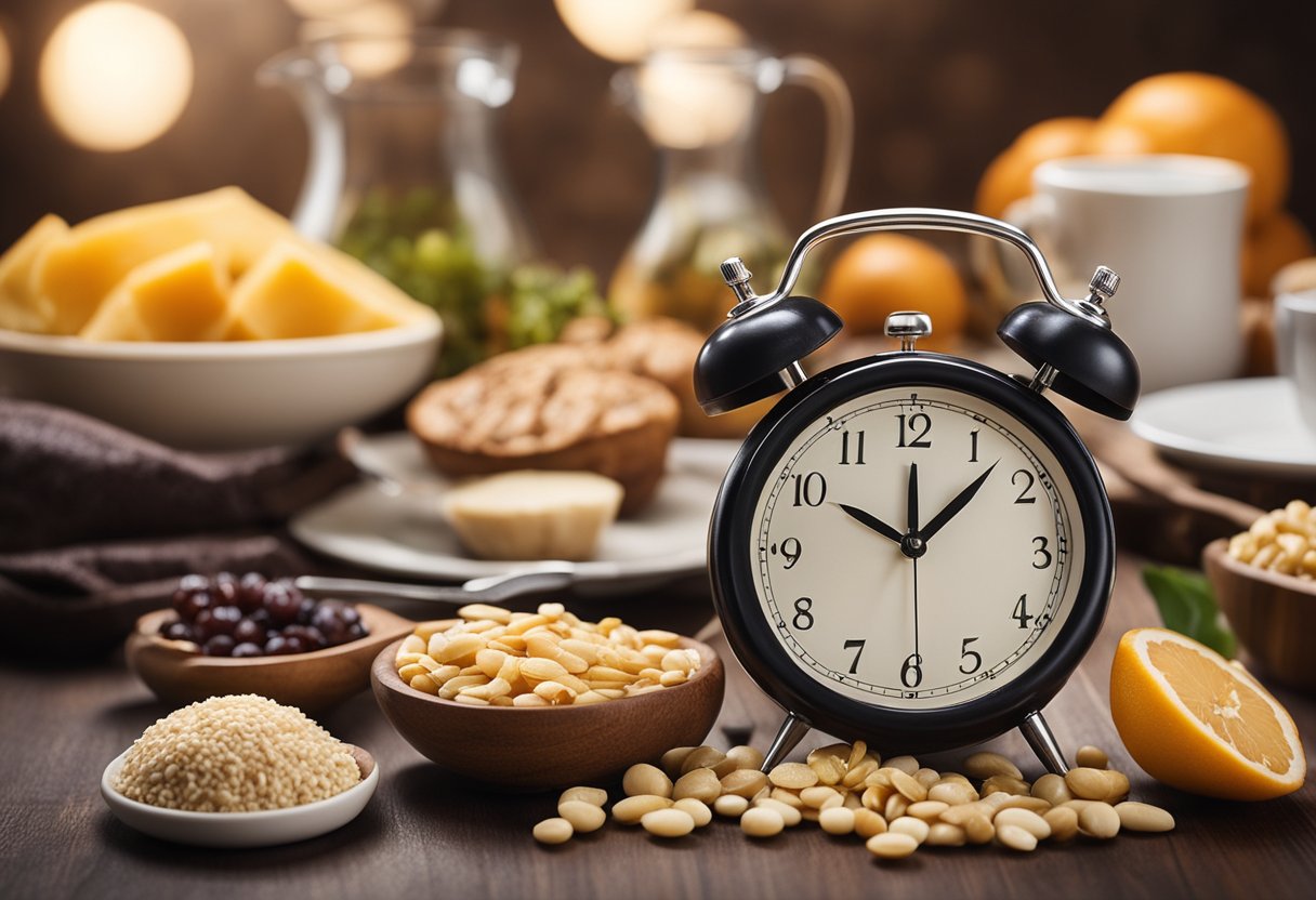 A table set with a variety of healthy, low-carb foods and a clock showing the time intervals for intermittent fasting