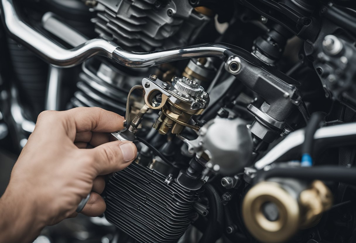 A hand holding a wrench removes the carburetor from the motorcycle. It is then disassembled and cleaned with a spray cleaner and a small brush. Finally, it is reassembled and reinstalled onto the motorcycle