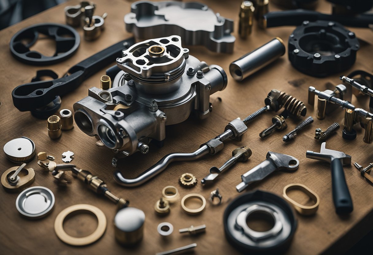 A motorcycle carburetor being disassembled, cleaned, and reassembled with various tools and cleaning solutions on a workbench