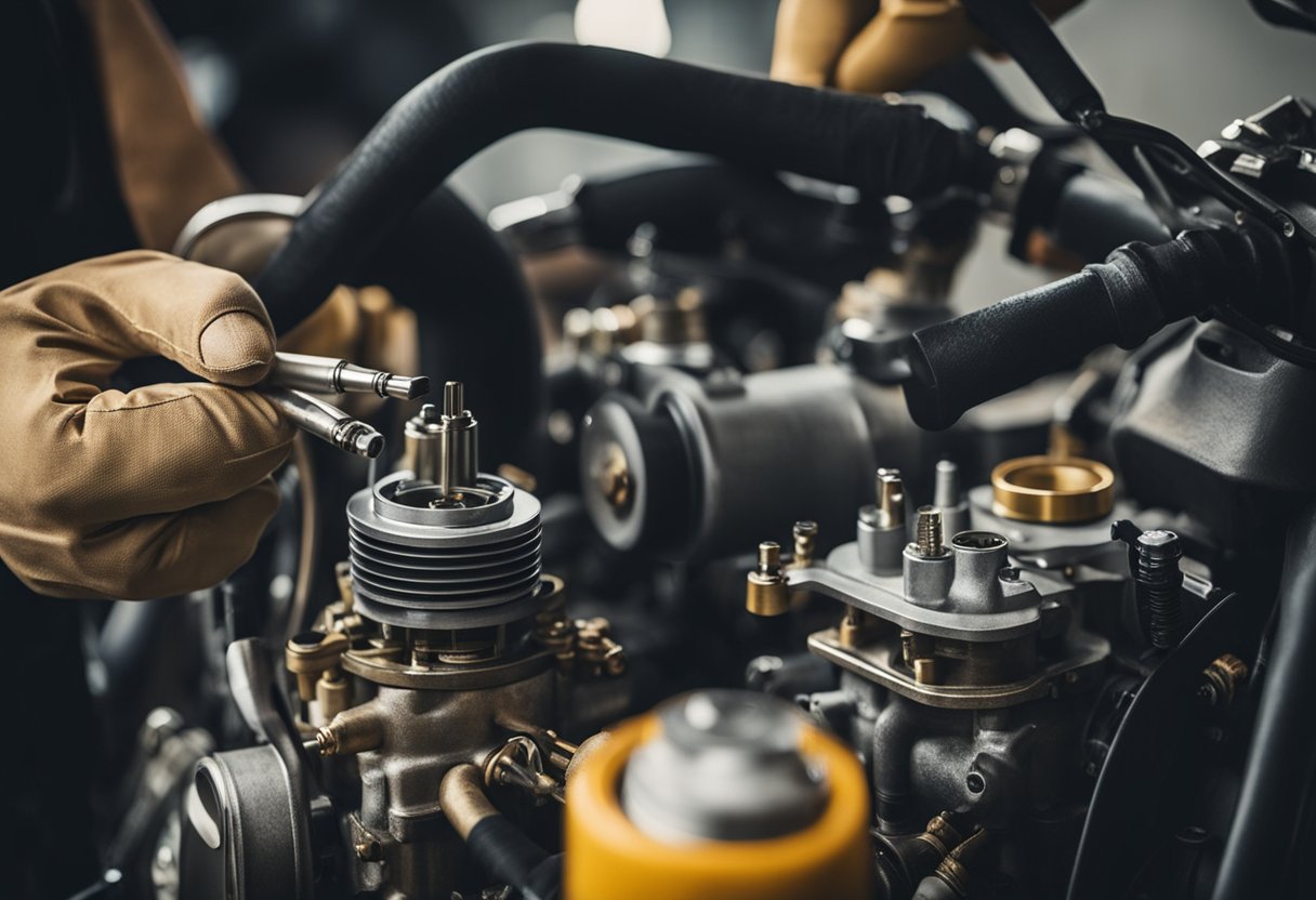 A mechanic wearing protective gear cleans a motorcycle carburetor with a brush and solvent in a well-ventilated area