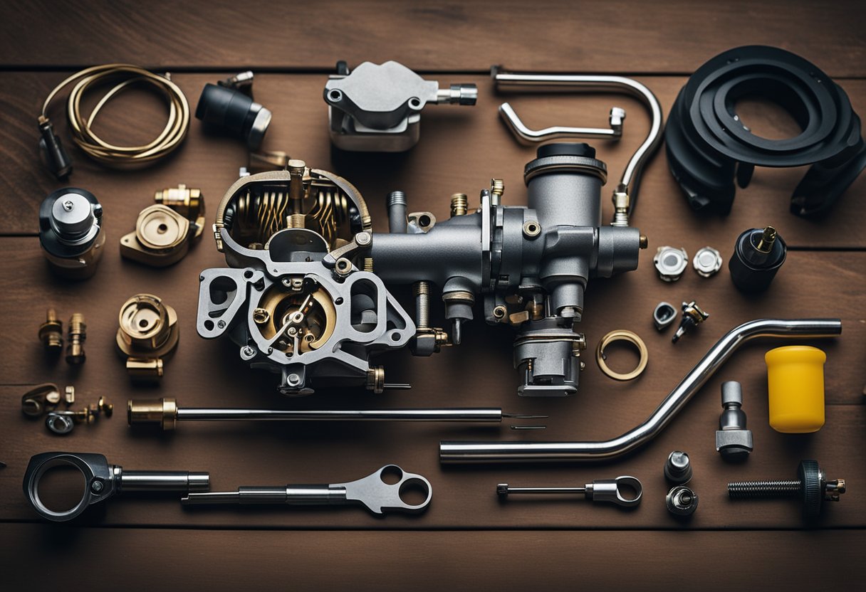 A motorcycle carburetor being disassembled and cleaned with various tools and materials laid out on a workbench