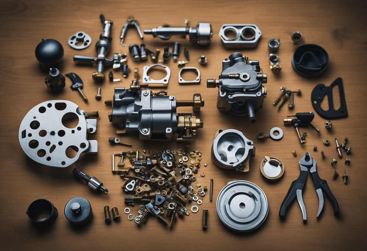 A motorcycle carburetor is disassembled with tools laid out on a workbench. Parts are organized in a tray for cleaning