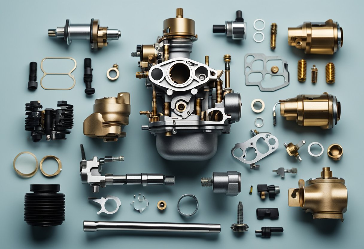 A motorcycle carburetor is being disassembled, parts laid out for cleaning