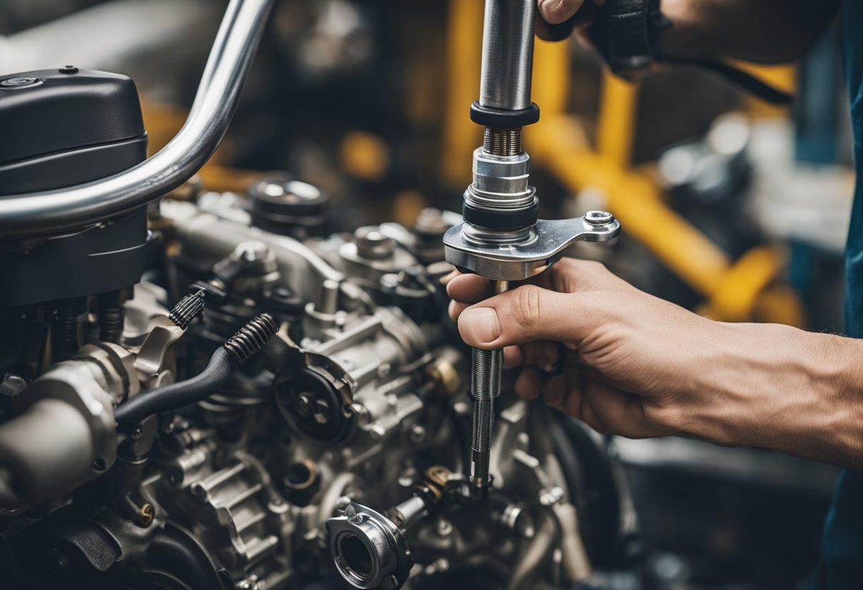 A hand holding a wrench removes the carburetor from a motorcycle engine. It is placed on a workbench, disassembled, and cleaned with a brush and solvent