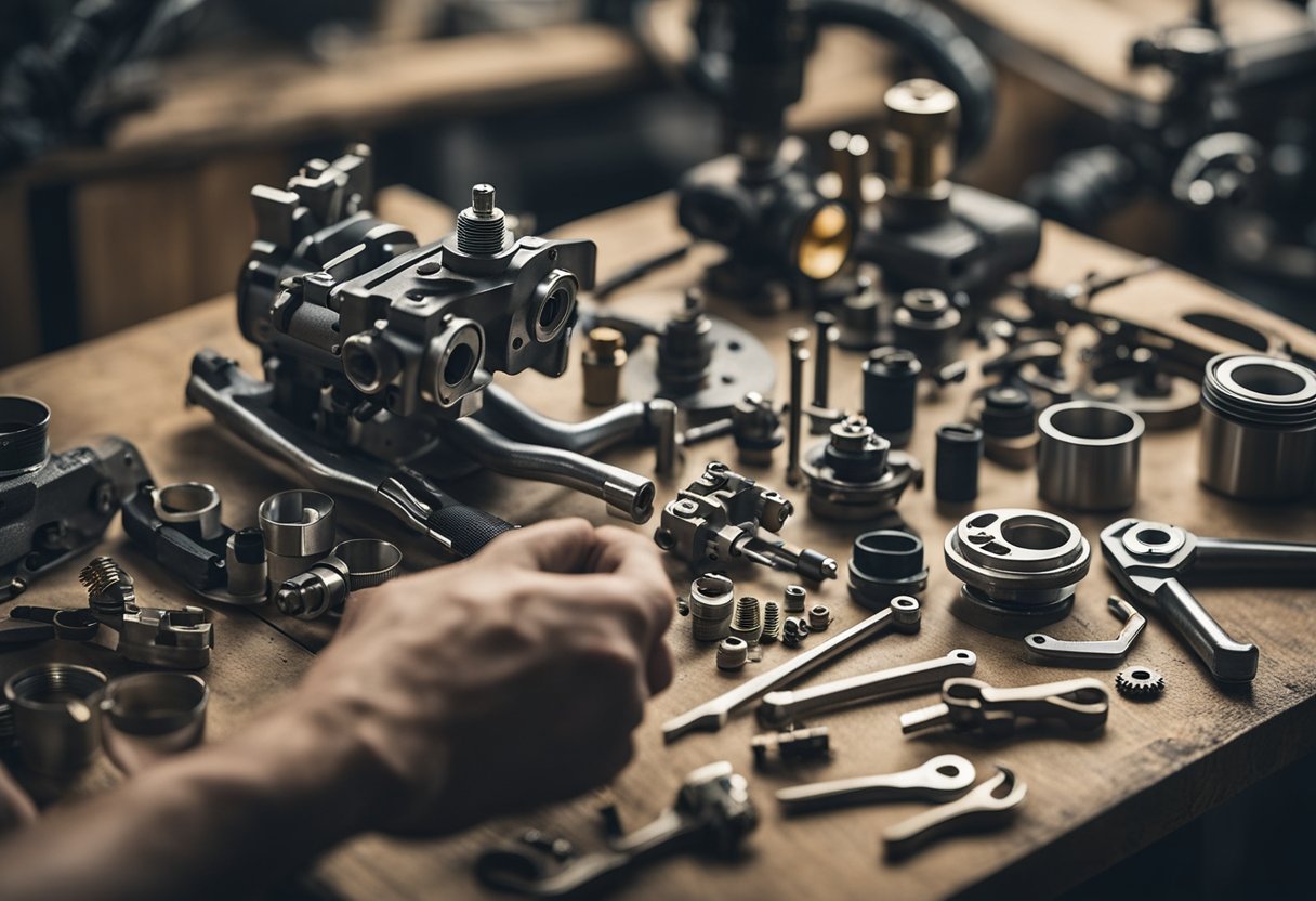 A hand holding a wrench disassembling a motorcycle carburetor on a clean workbench with various tools and parts scattered around