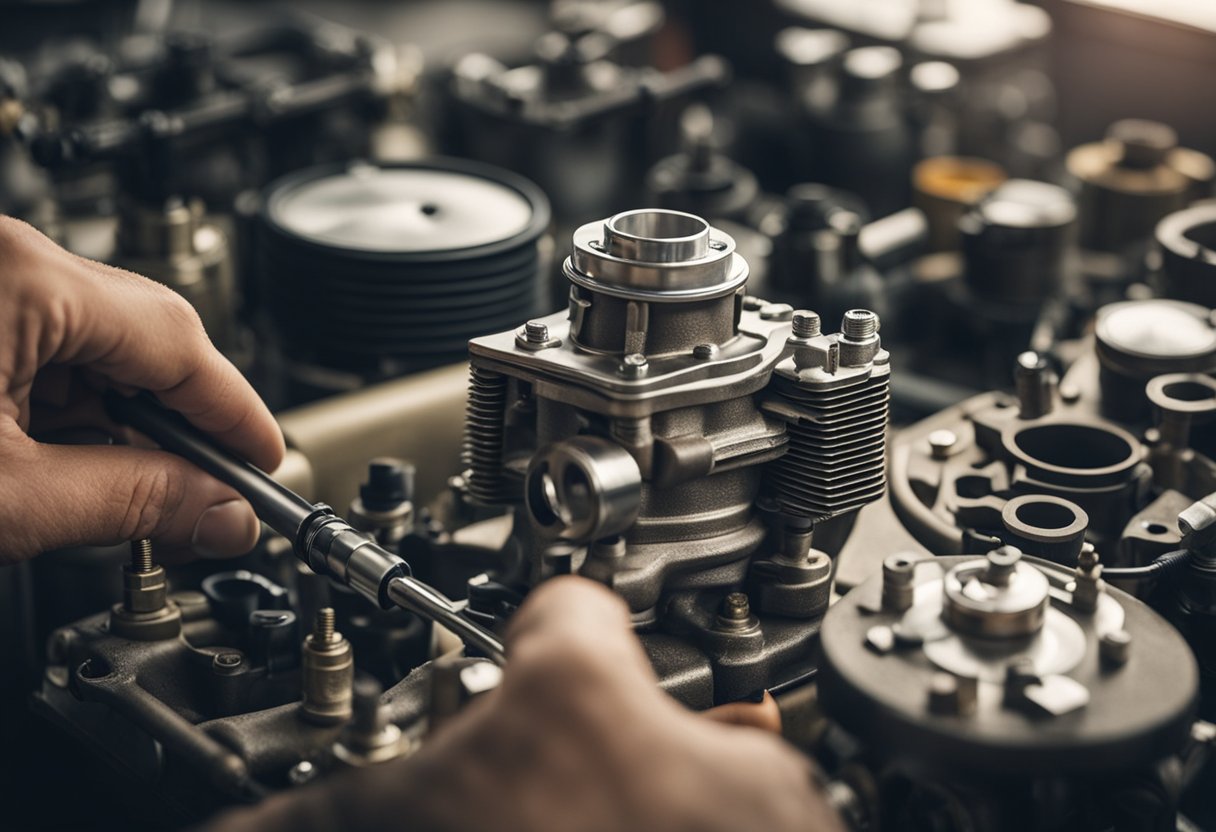 A mechanic is reassembling a motorcycle carburetor, using a cleaning brush and solvent to remove dirt and grime