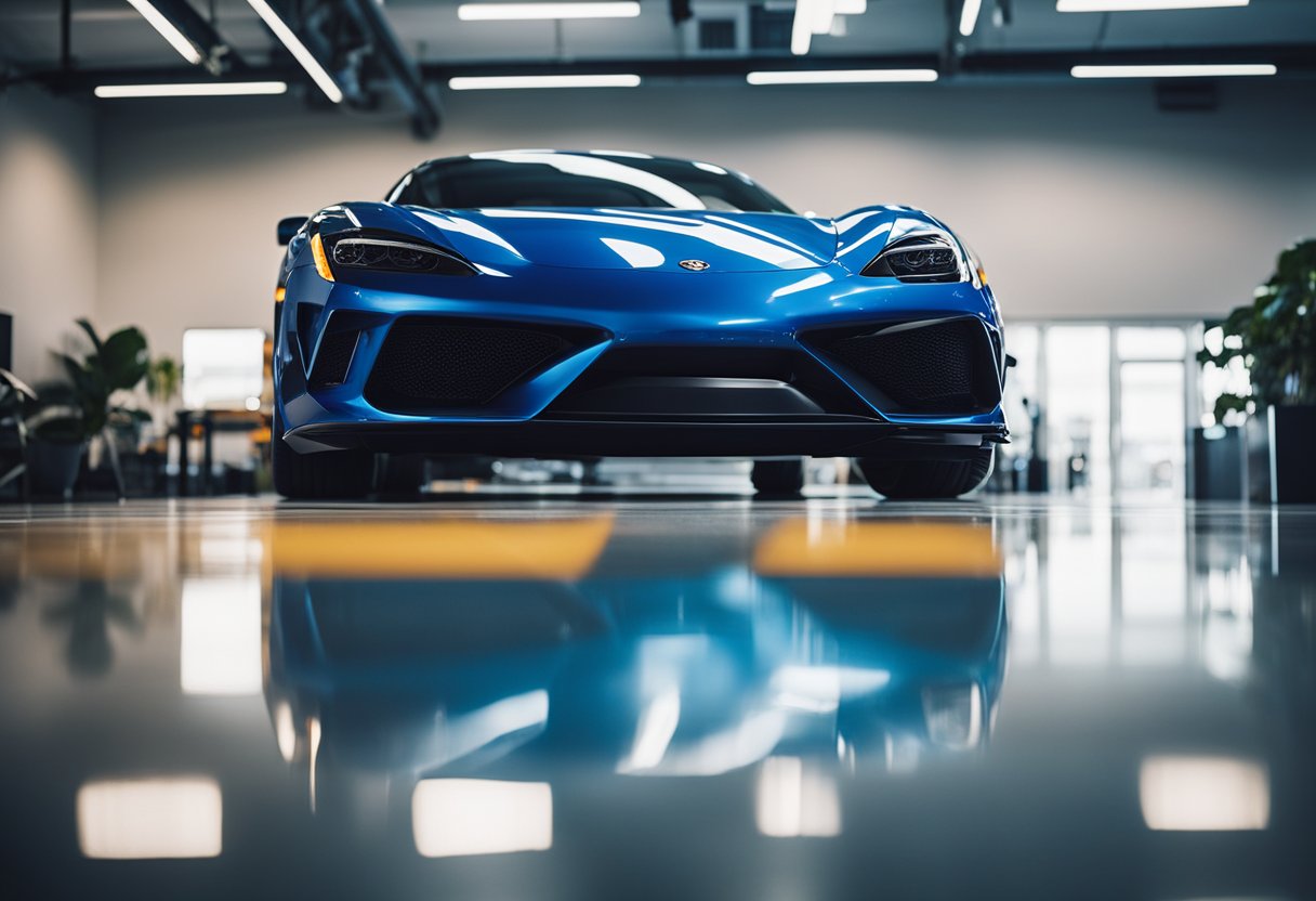 A sleek, used sports car sits in a showroom under $20K. The car's vibrant color pops against the clean, polished floors, drawing attention to its sleek lines and powerful stance