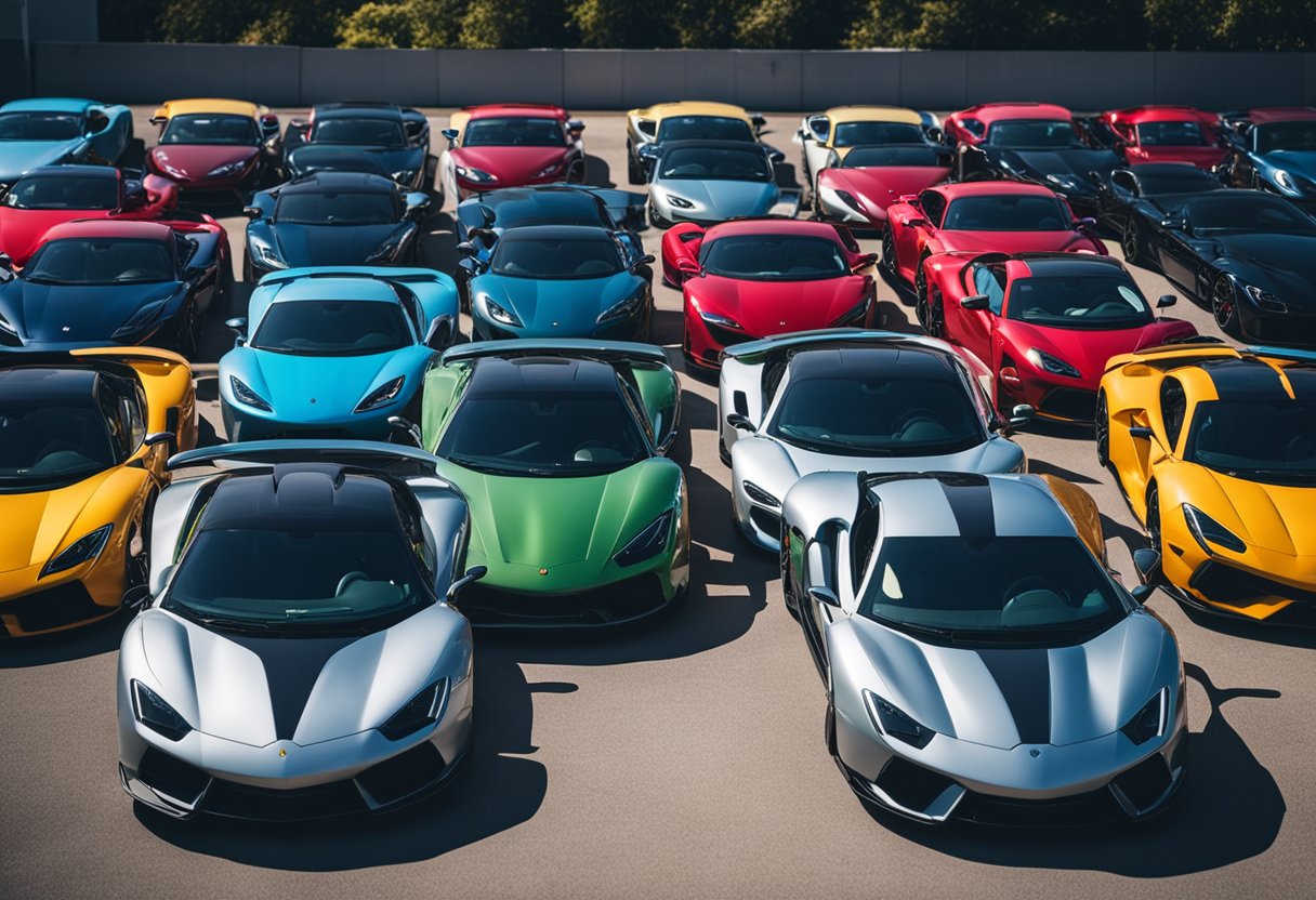 A lineup of sleek, colorful sports cars parked on a clean, well-lit lot, with price tags prominently displayed