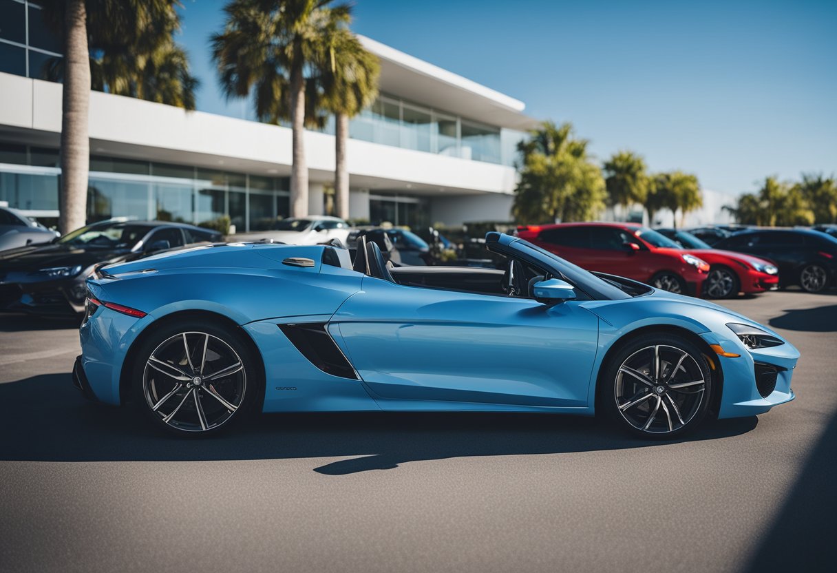 A sleek used sports car parked in front of a dealership with a price tag of under 20K prominently displayed. The car is surrounded by other vehicles, with a clear blue sky in the background