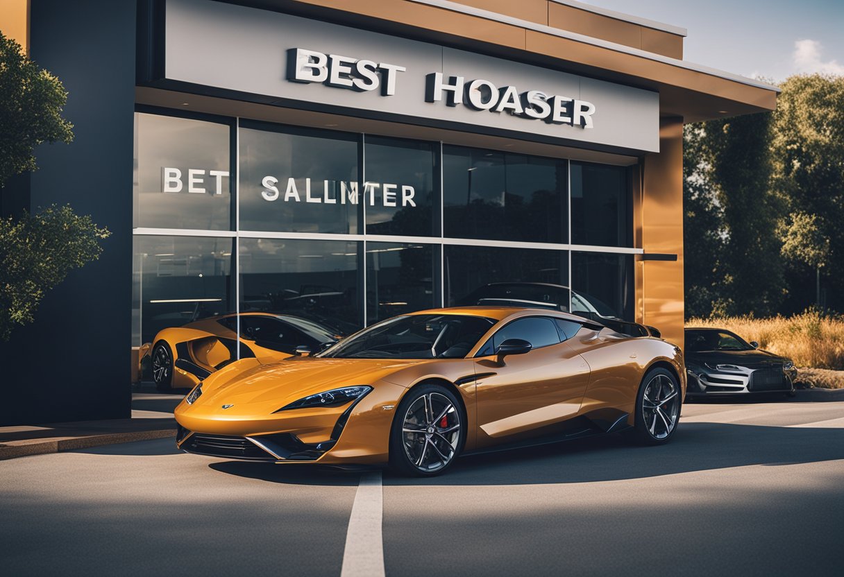 A sleek, affordable sports car sits in front of a dealership sign boasting "Best Deals Under 20K." The car is surrounded by other vehicles, with a salesperson visible through the showroom window