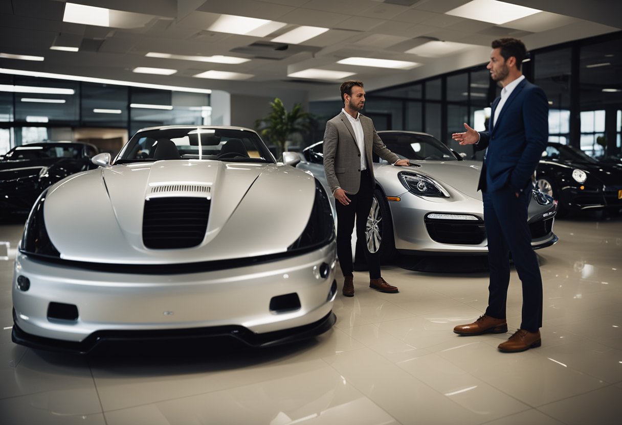 A customer and a salesperson discussing the price of a used sports car in a dealership showroom