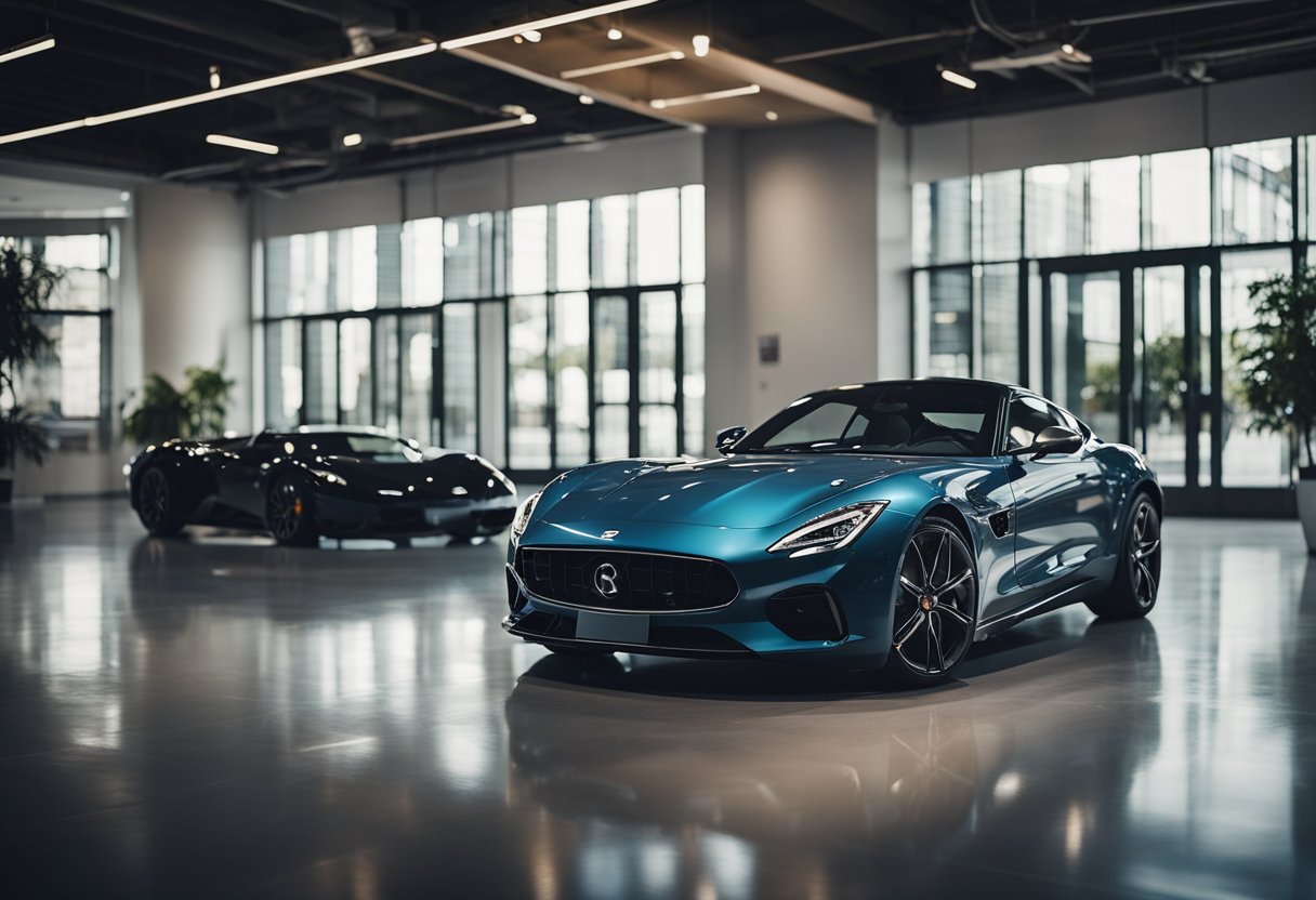 A sleek sports car sits in a well-lit showroom, ready for inspection. A potential buyer takes it for a test drive on a winding road