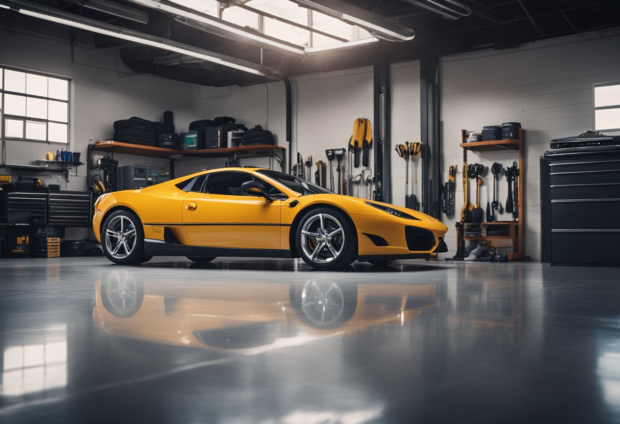 A sleek sports car parked in a modern garage, surrounded by tools and equipment. A price tag of $20,000 is displayed prominently on the windshield