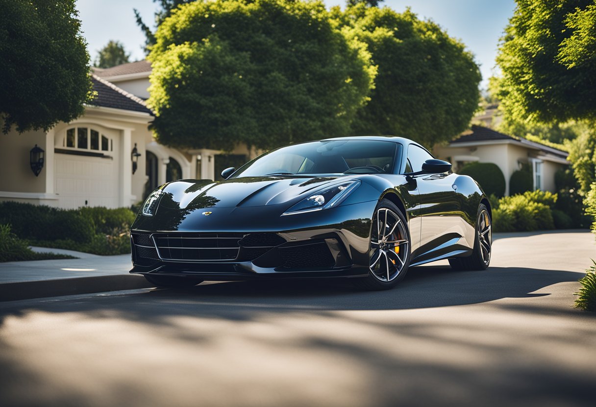 A sleek sports car parked in a suburban driveway, with a "For Sale" sign in the window and a price tag reading "Under $20K." The car is surrounded by lush greenery and a clear blue sky